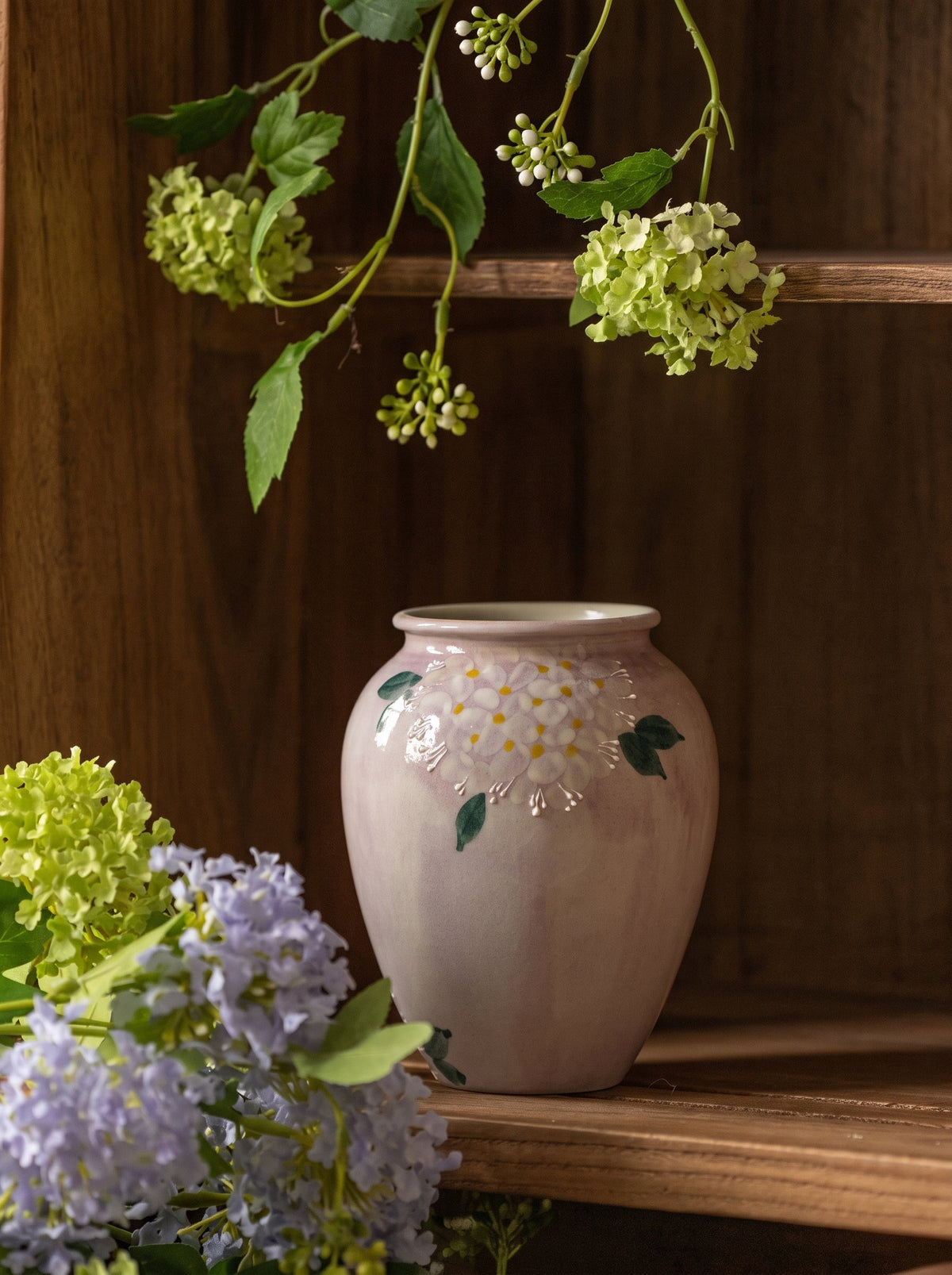 Lilac hydrangea vase side view