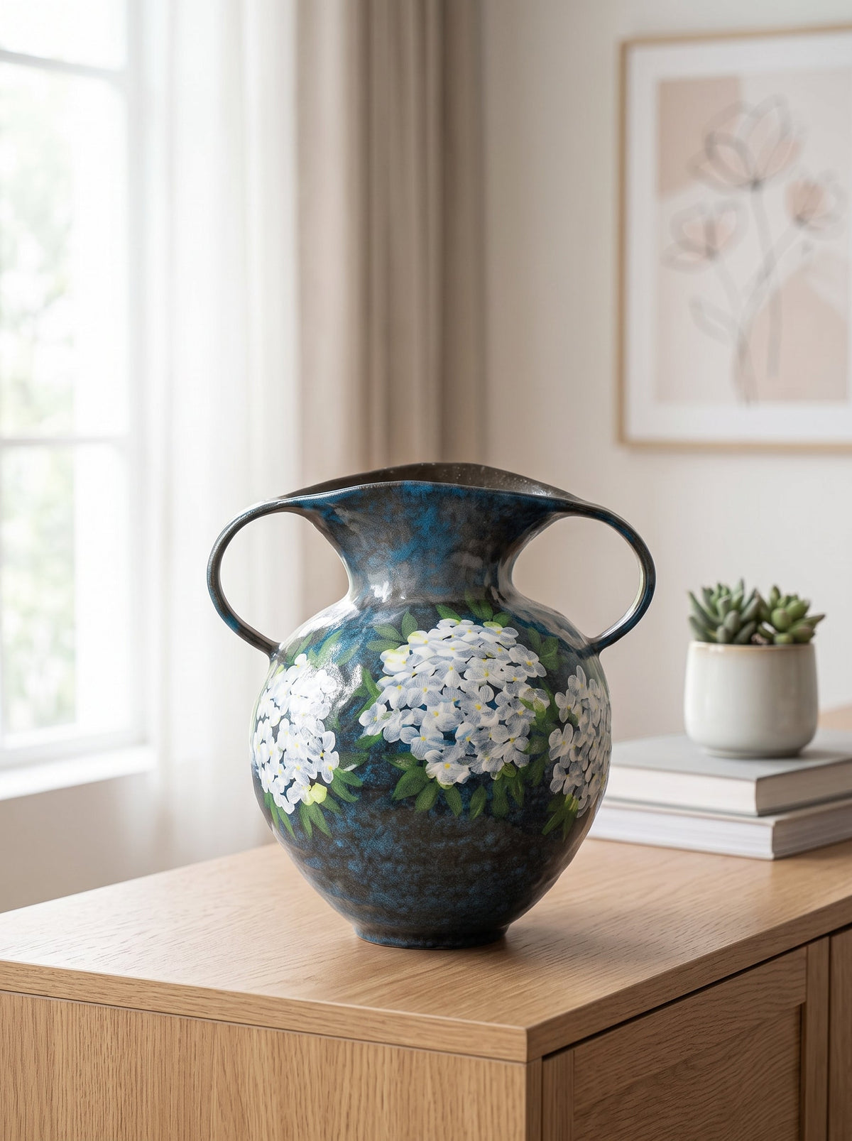 Blue hydrangea vase close-up