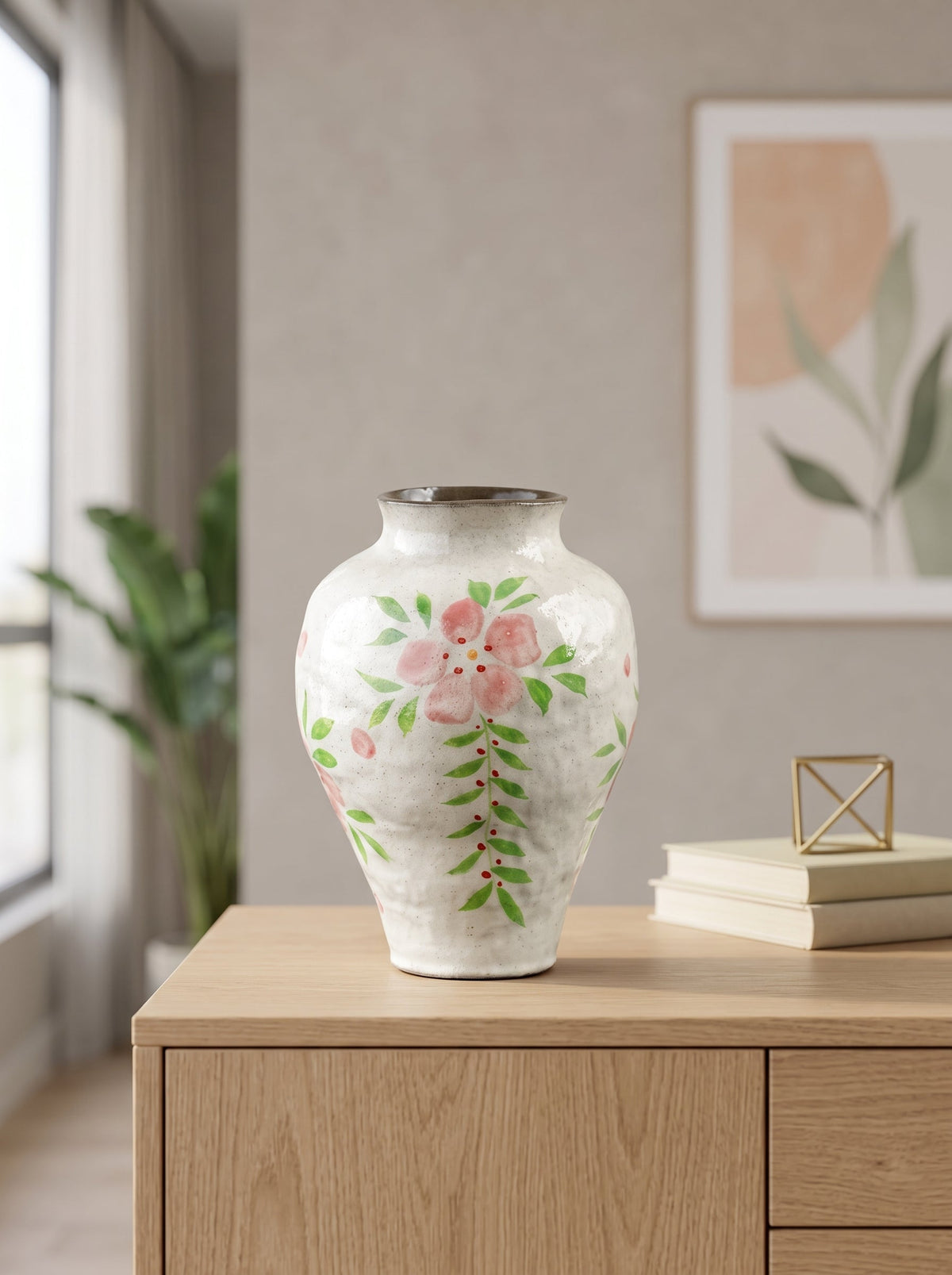 Floral glazed ceramic vase close-up