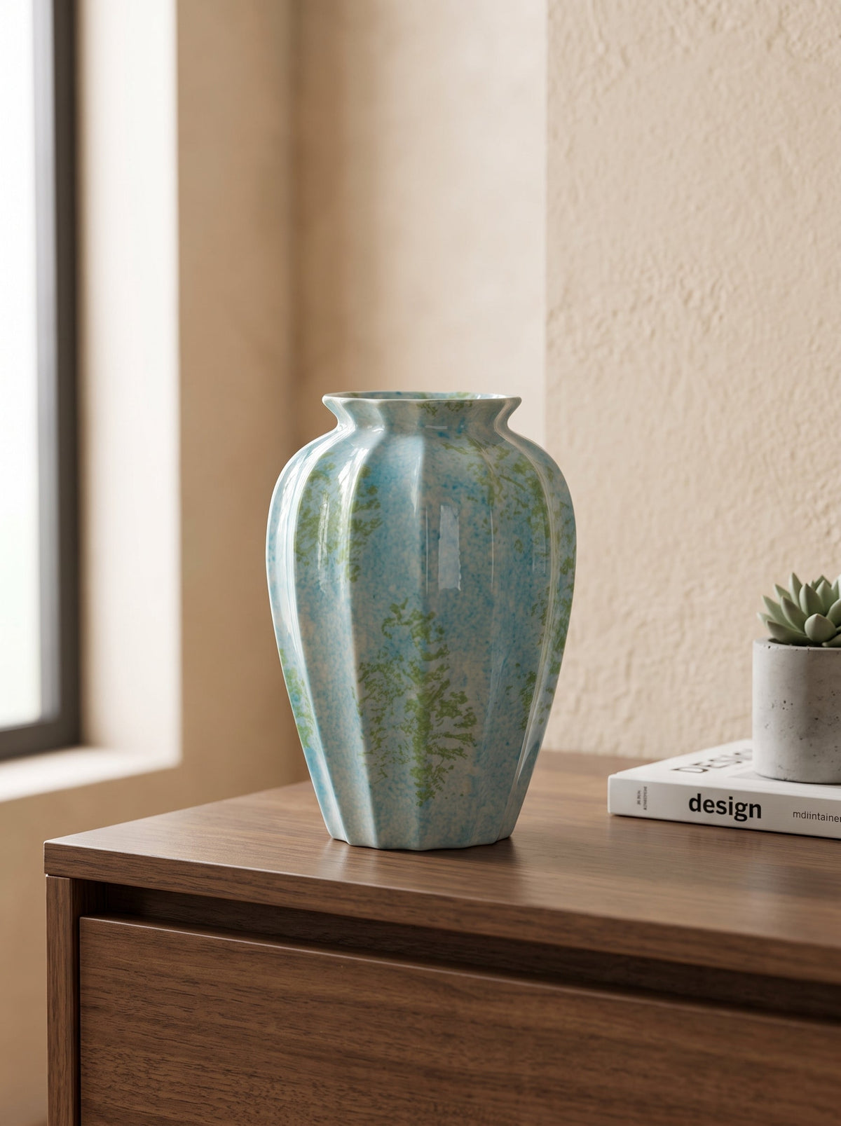Ocean blue fluted vase with flowers