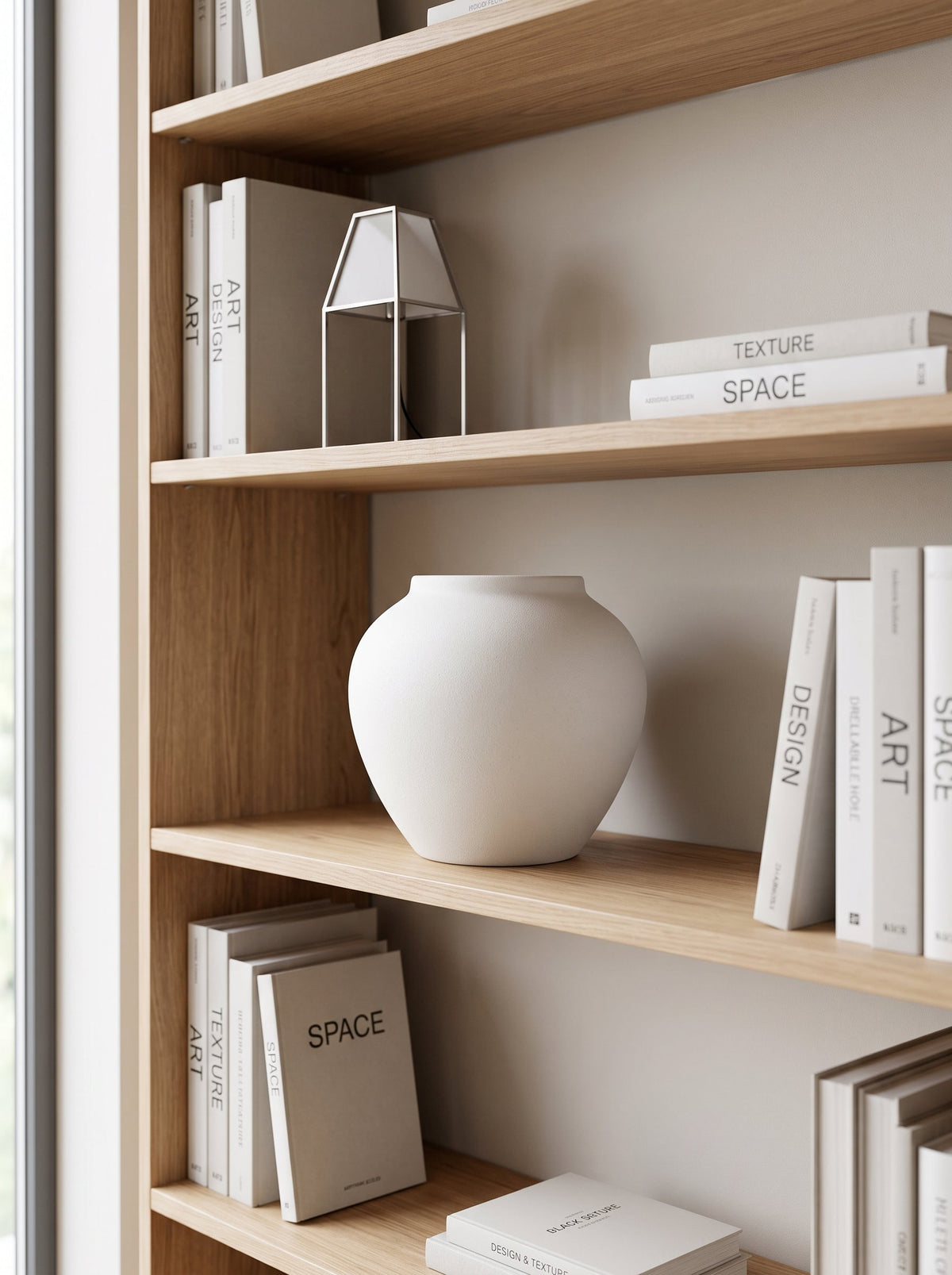 White sculptural vase on a shelf