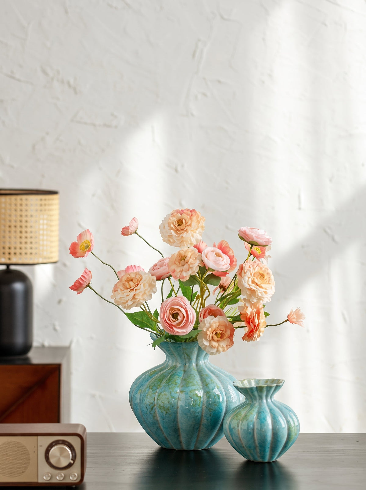 Mint blue fluted vase side view