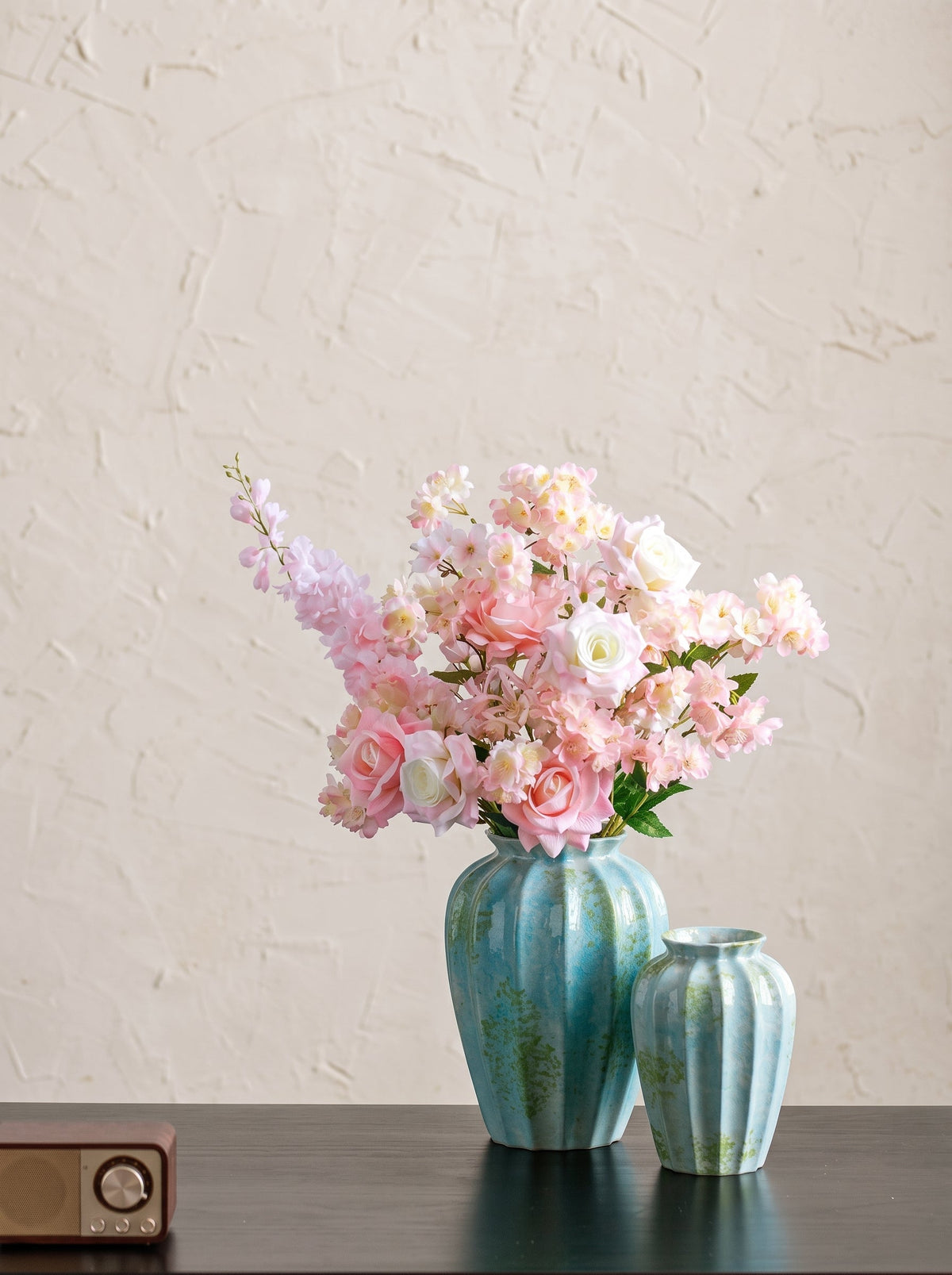 Ocean blue fluted vase close-up