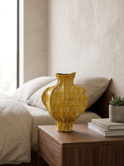 Yellow spotted vase side view