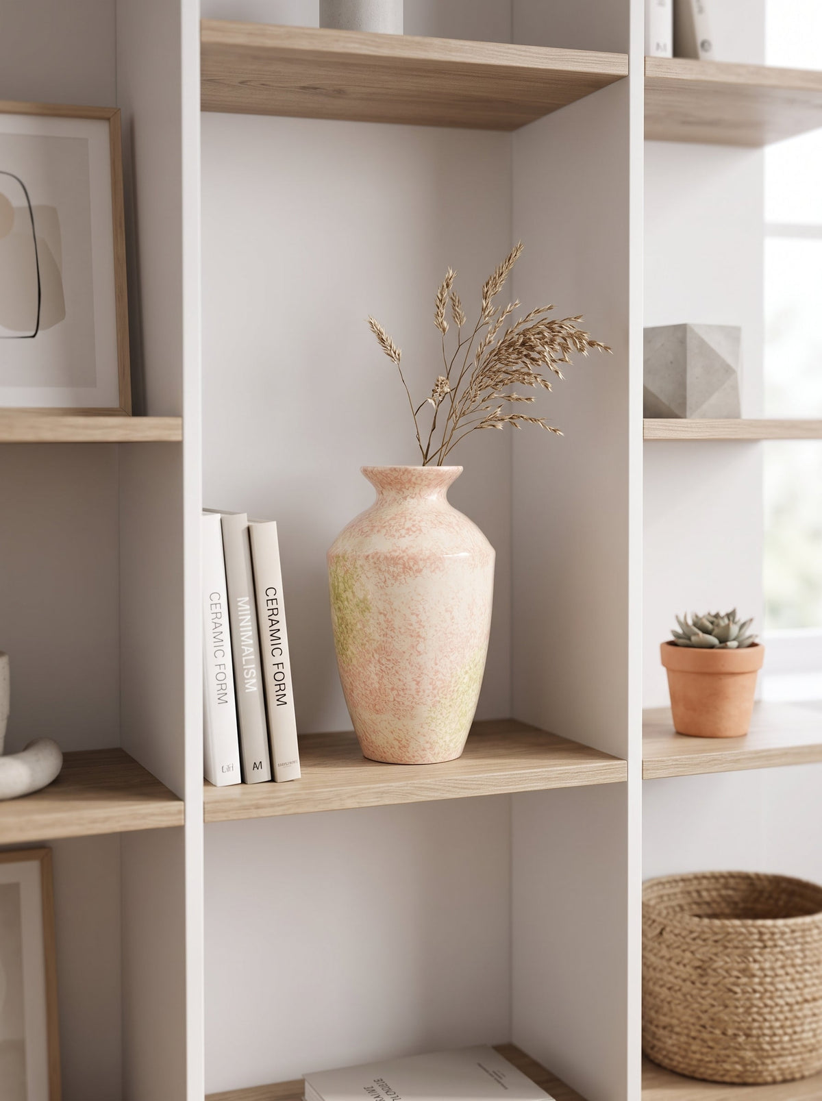 Pastel speckled vase on a shelf