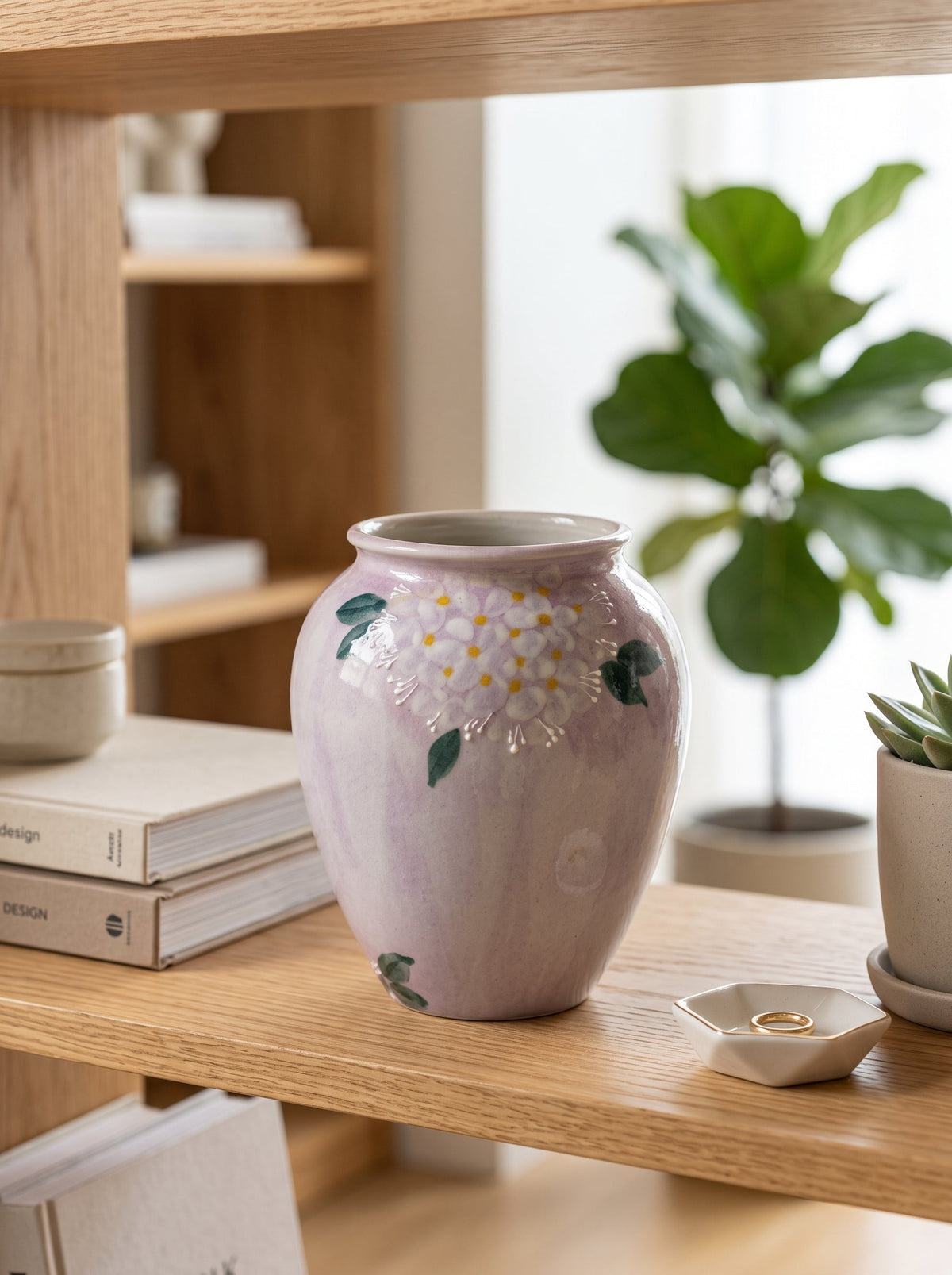 Lilac hydrangea vase on a shelf