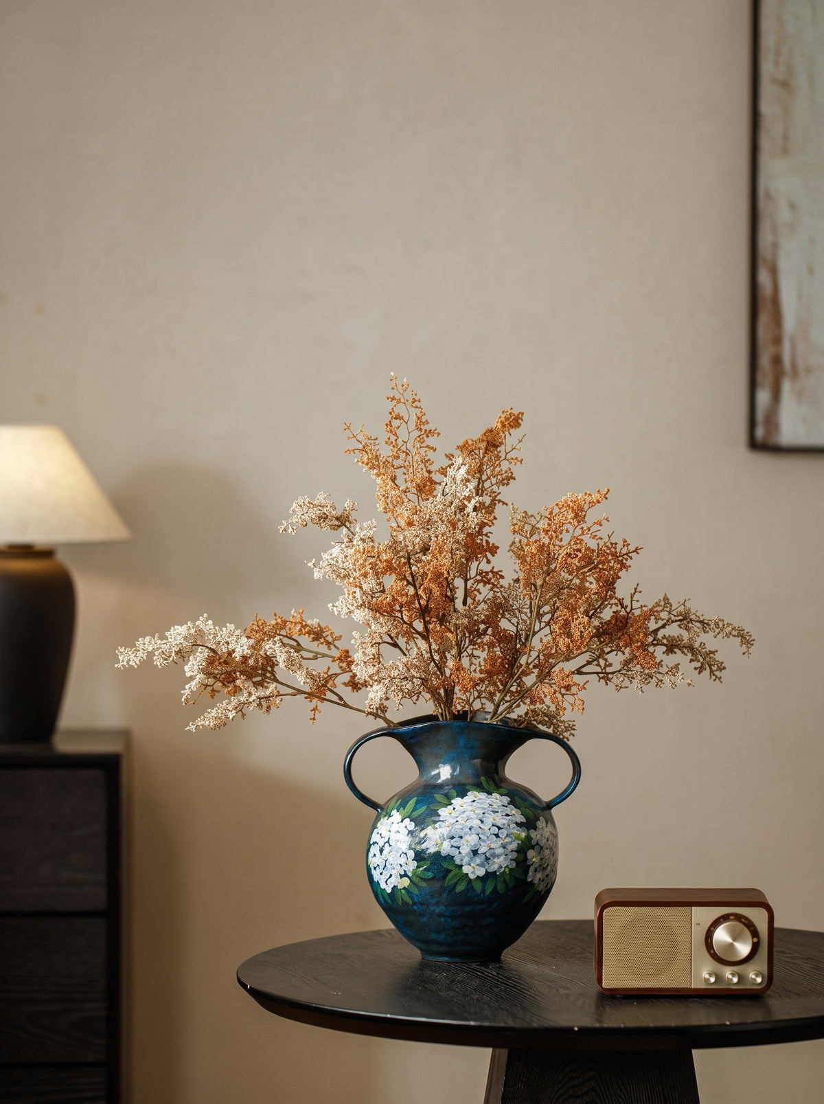 Blue hydrangea vase styled
