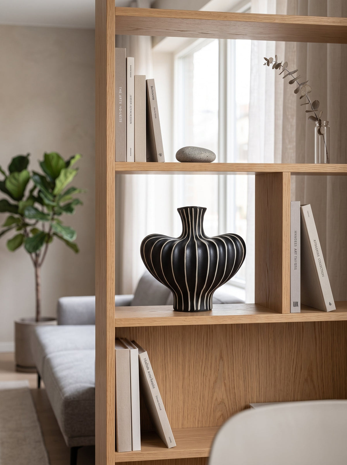 Striped sculptural vase close-up