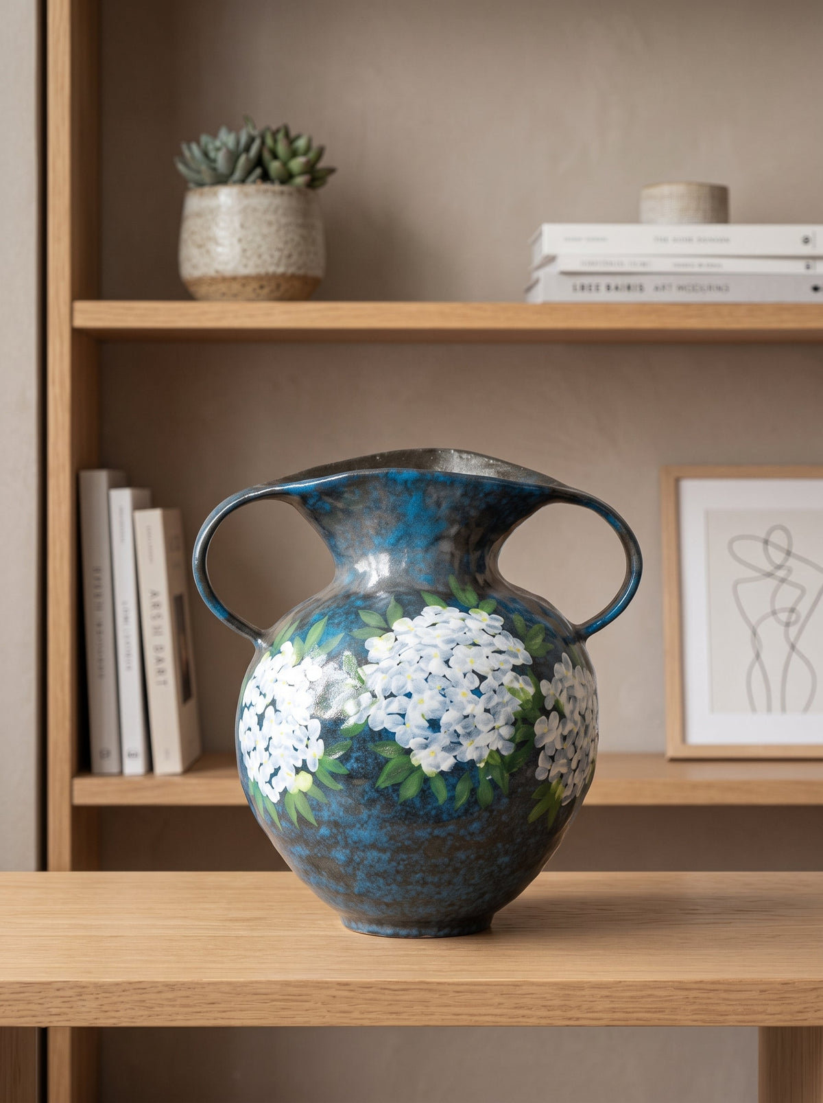 Blue hydrangea vase on a table