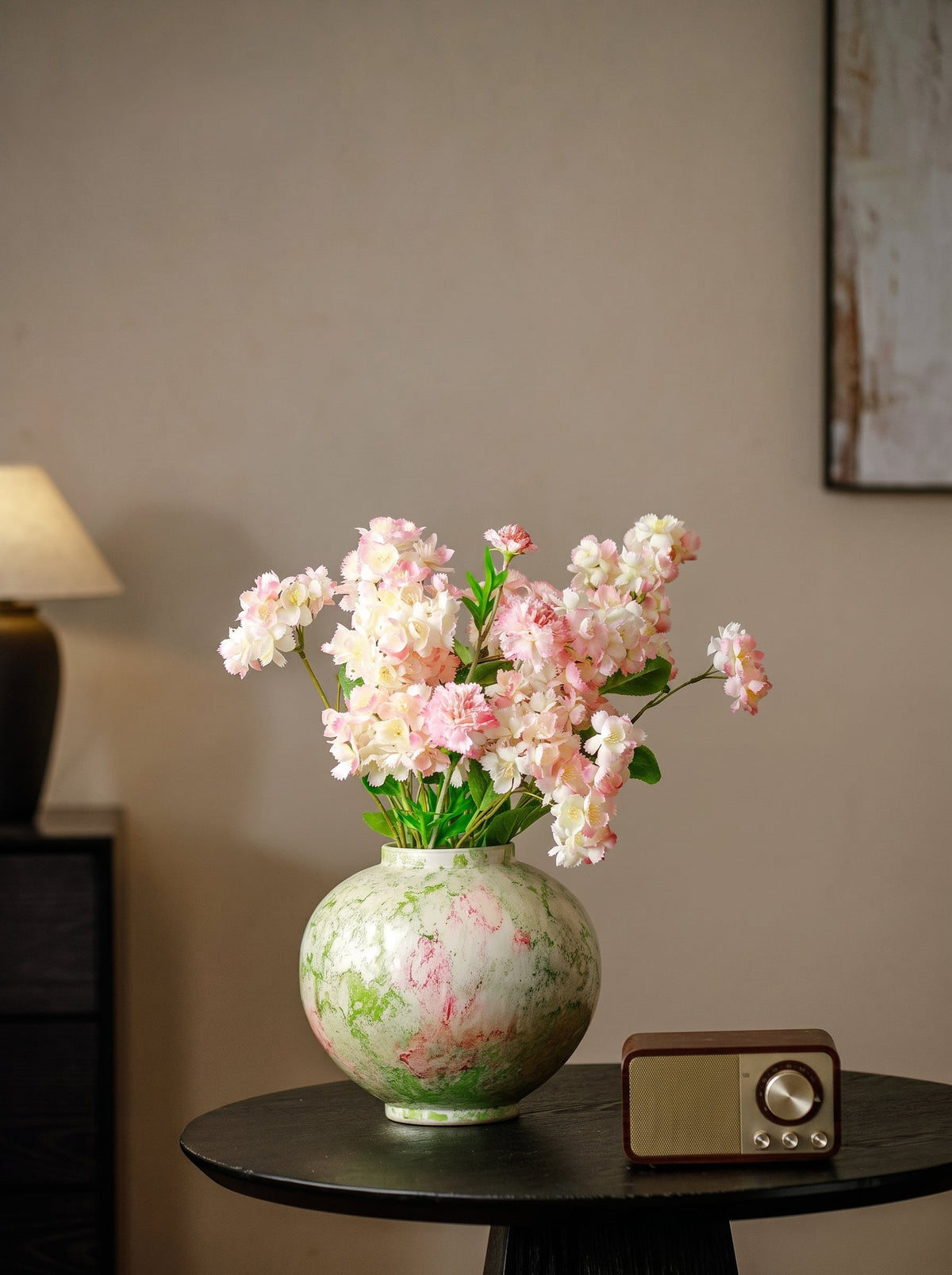 Green splash moon vase styled