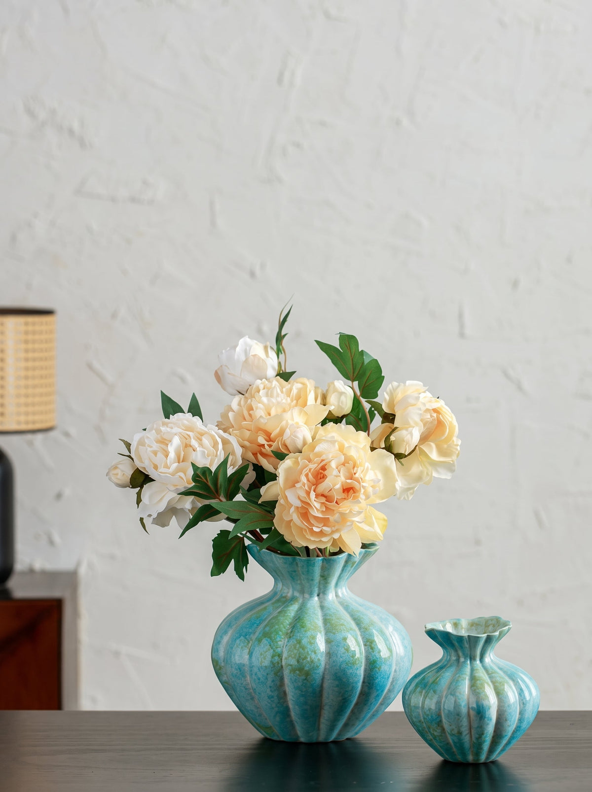 Mint blue fluted vase styled