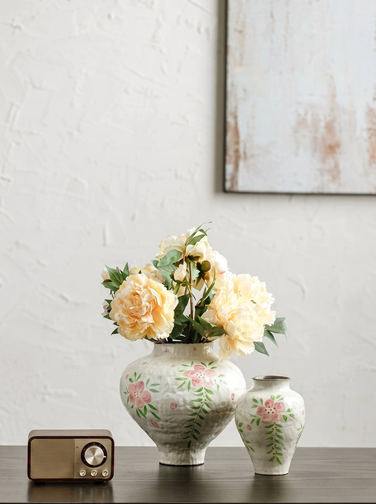Floral glazed ceramic vase side view