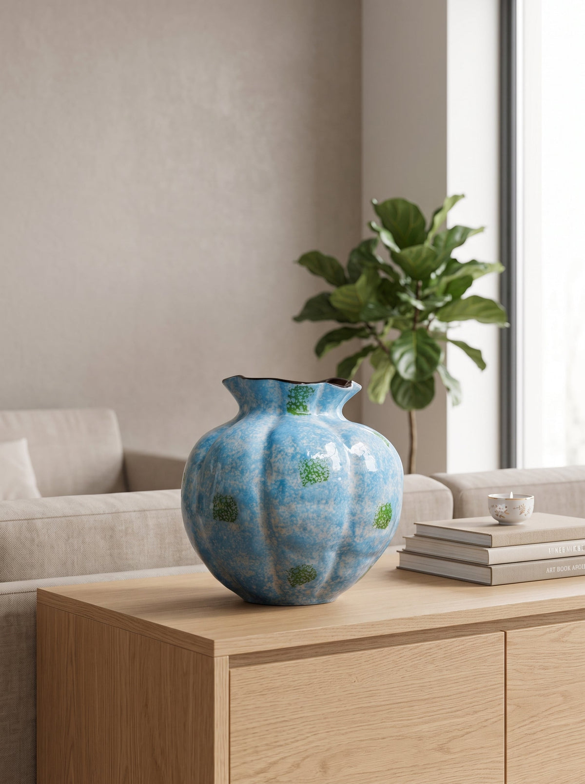 Fluted speckled vase on a shelf