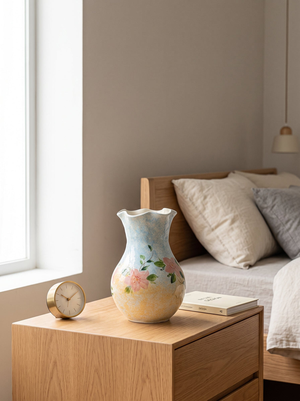 Pastel blue floral vase on a table