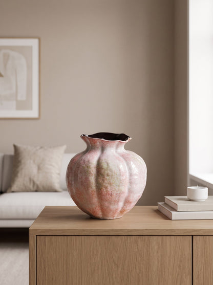 Pink speckled fluted glazed vase, empty, on a wooden cabinet beside a sofa