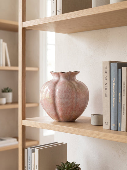 Dusty rose speckled fluted glazed vase, empty, on a wooden bookshelf