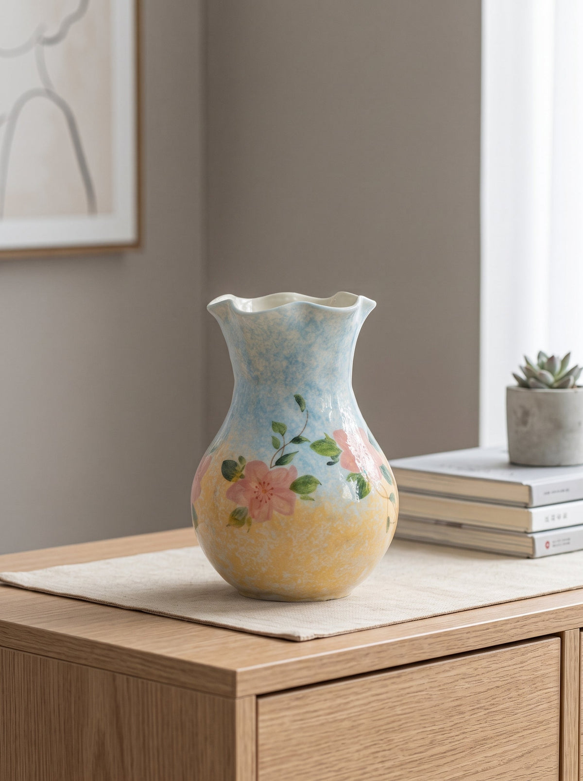 Pastel blue floral vase with flowers
