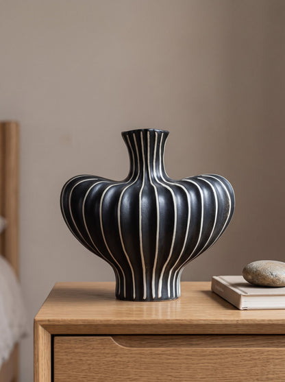 Striped sculptural vase on a shelf