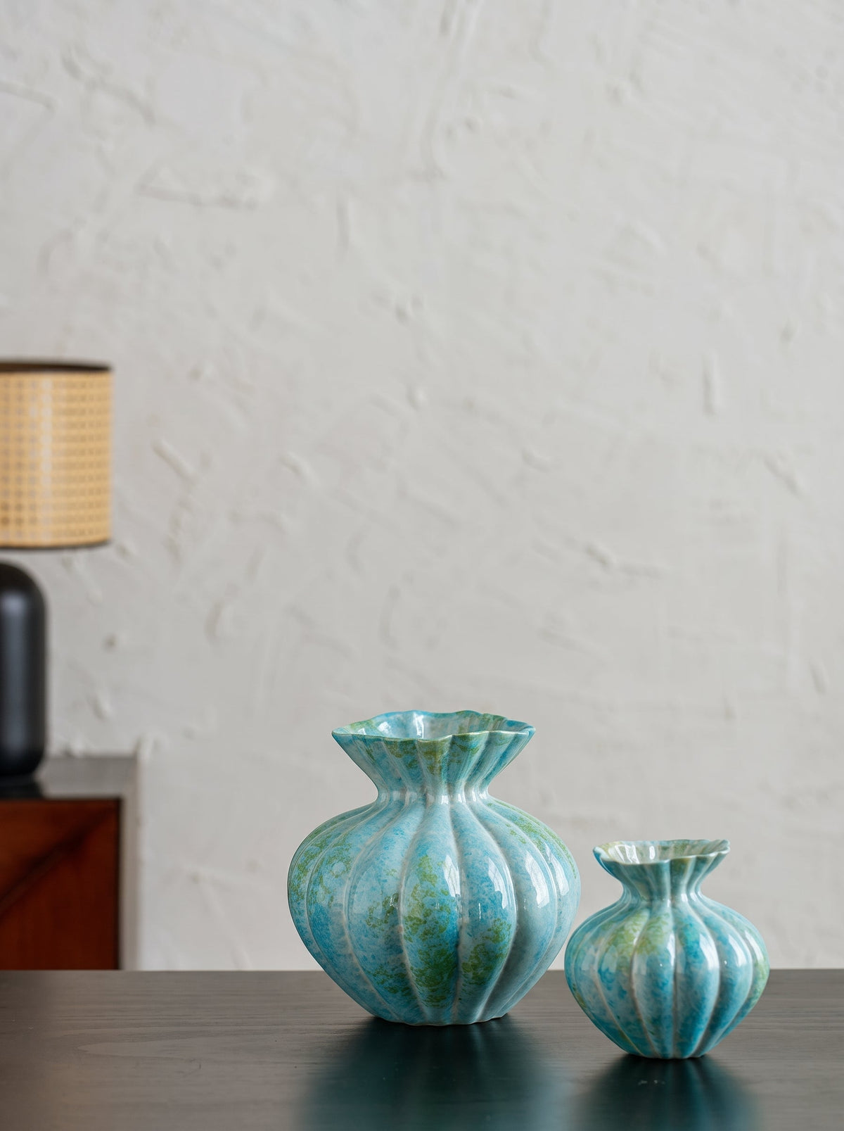 Mint blue fluted vase close-up