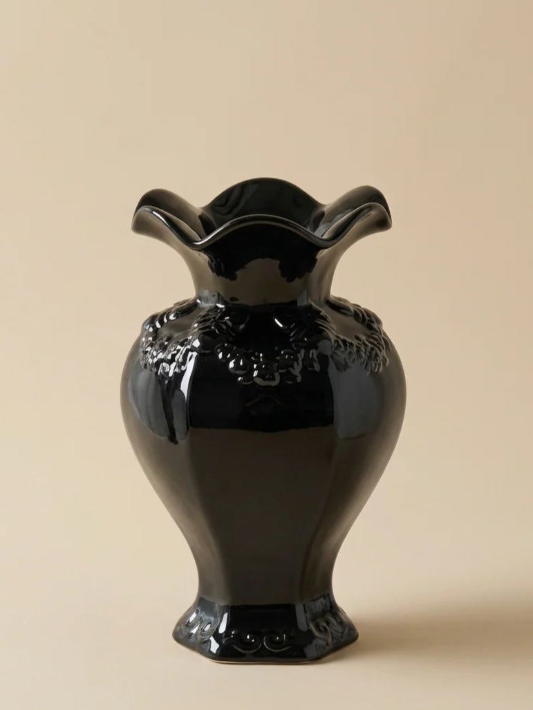 Ruffled gothic black ceramic vase