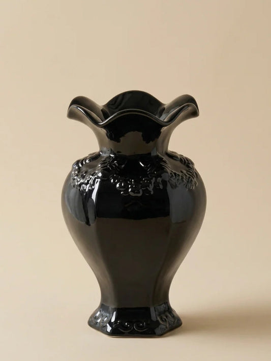 Ruffled gothic black ceramic vase