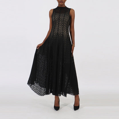 Women's Lace Dress Geometric Chevron Maxi A-Line Mock-Neck Sleeveless