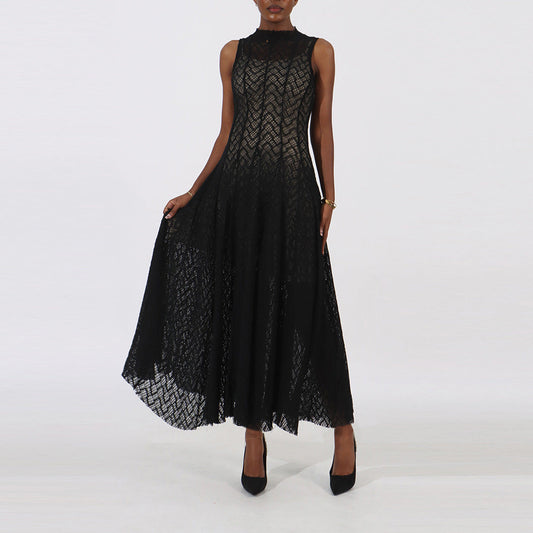 Women's Lace Dress Geometric Chevron Maxi A-Line Mock-Neck Sleeveless