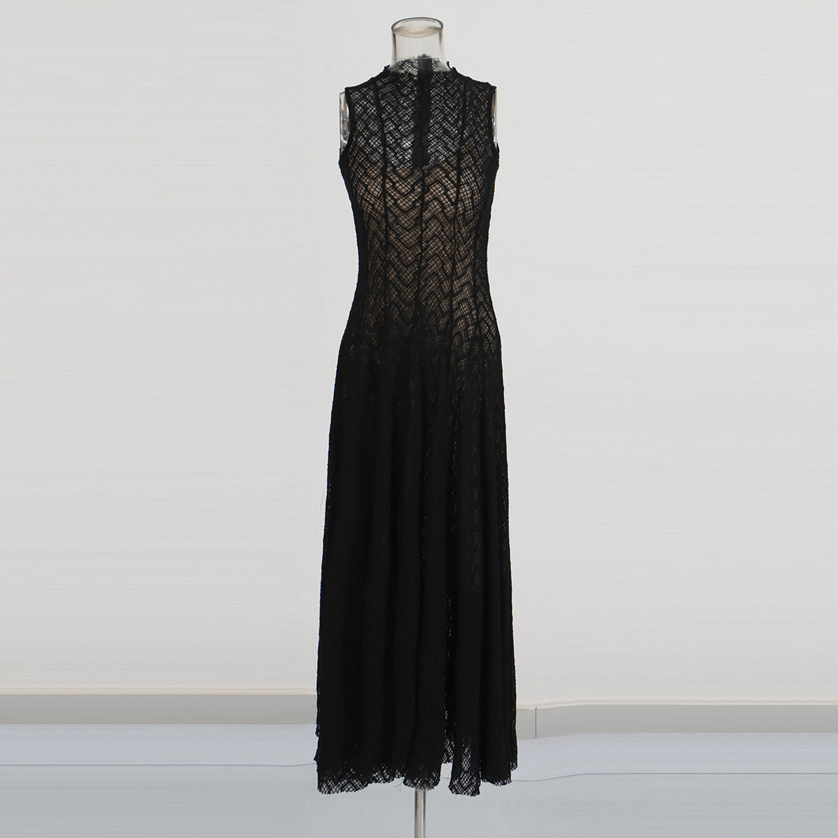 Women's Lace Dress Geometric Chevron Maxi A-Line Mock-Neck Sleeveless