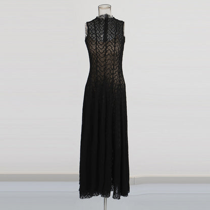 Women's Lace Dress Geometric Chevron Maxi A-Line Mock-Neck Sleeveless