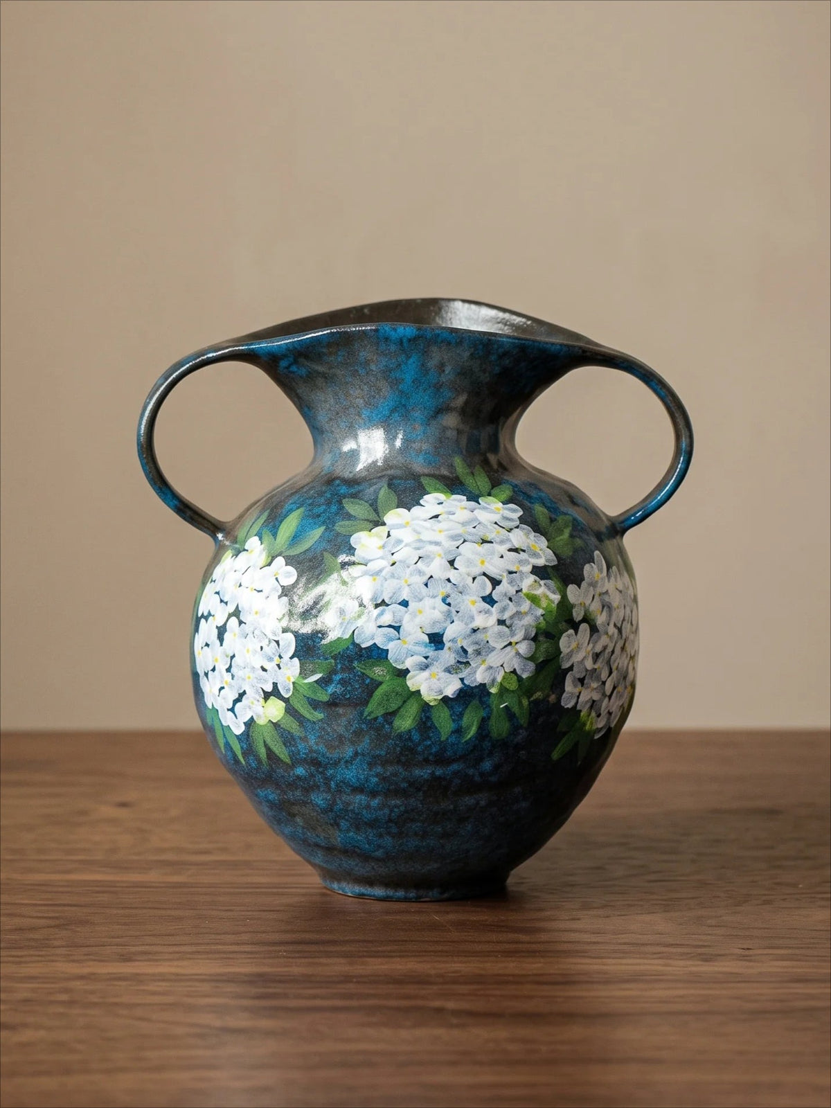 Blue hydrangea double-handle ceramic vase