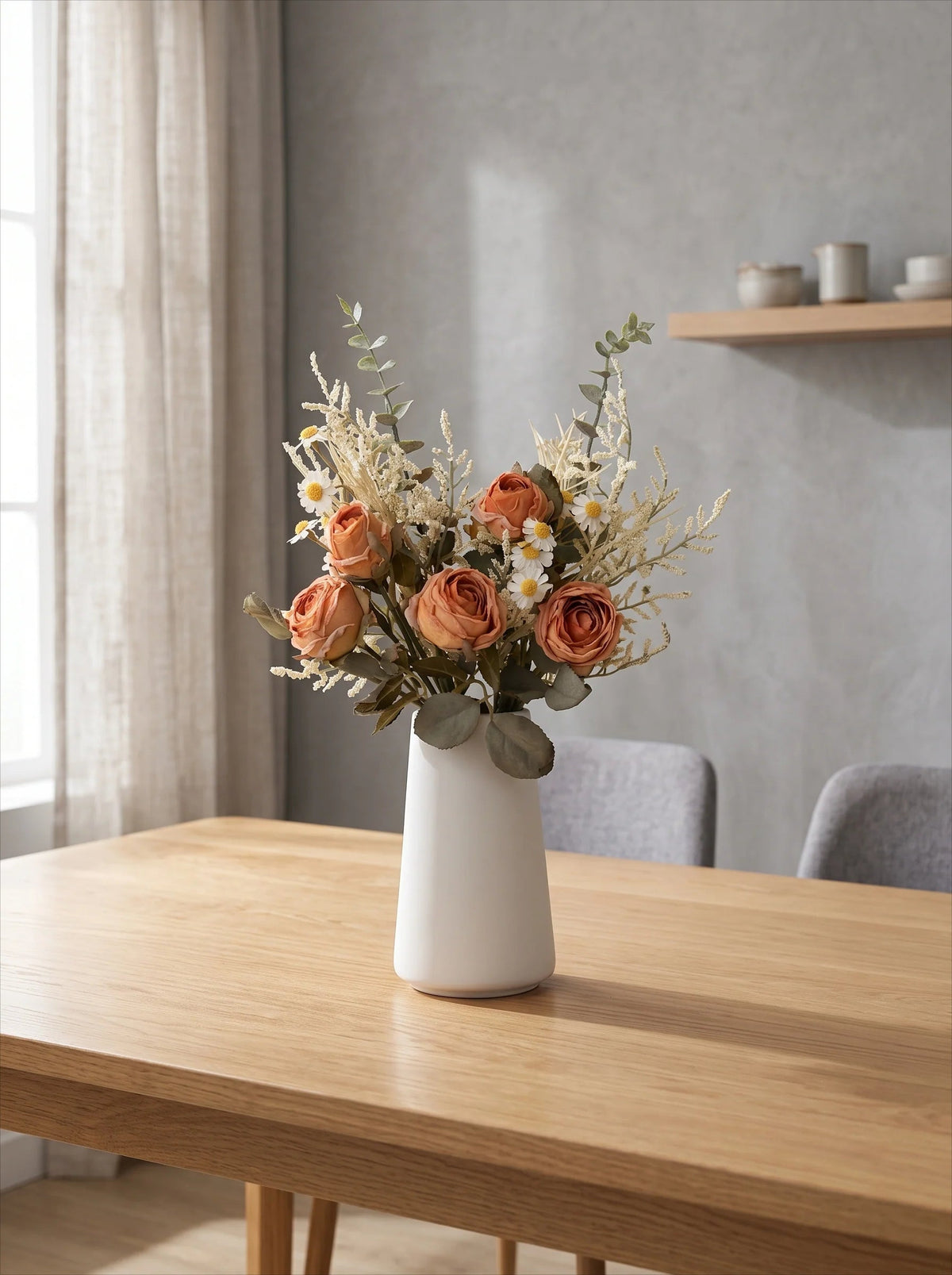 Terracotta and white rose bouquet in a room