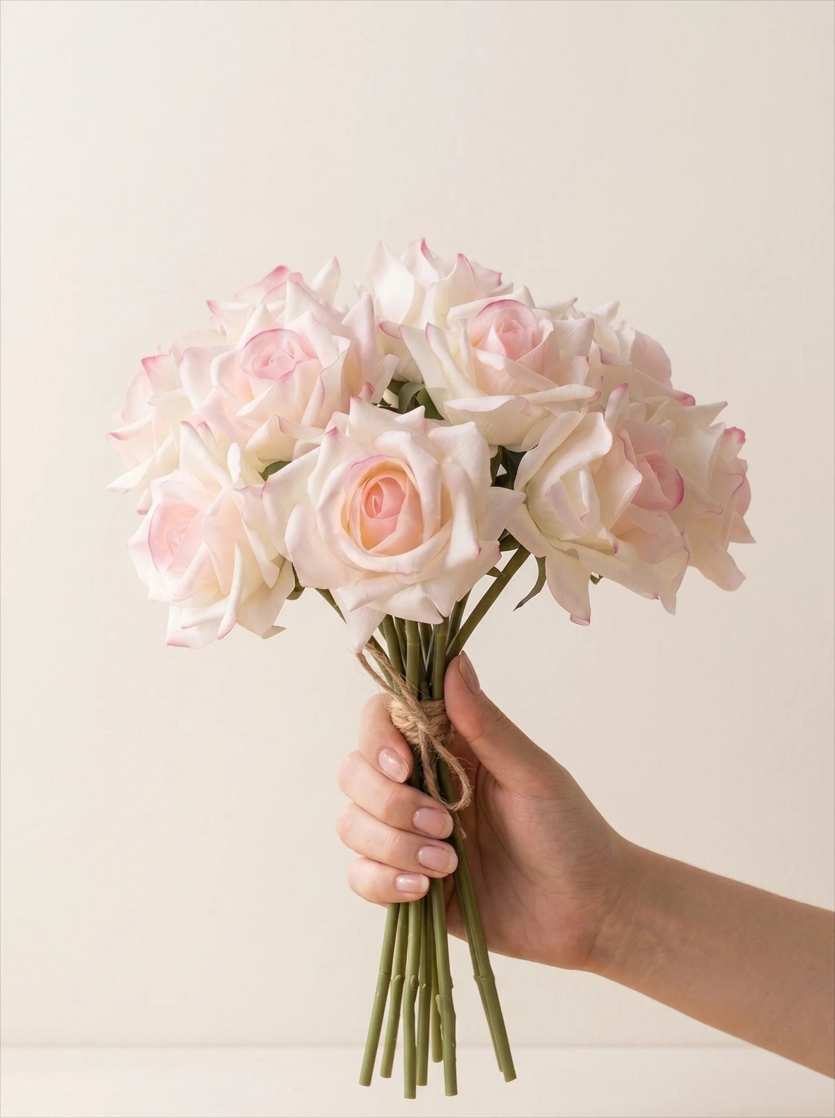Pink-edged rose bouquet styled