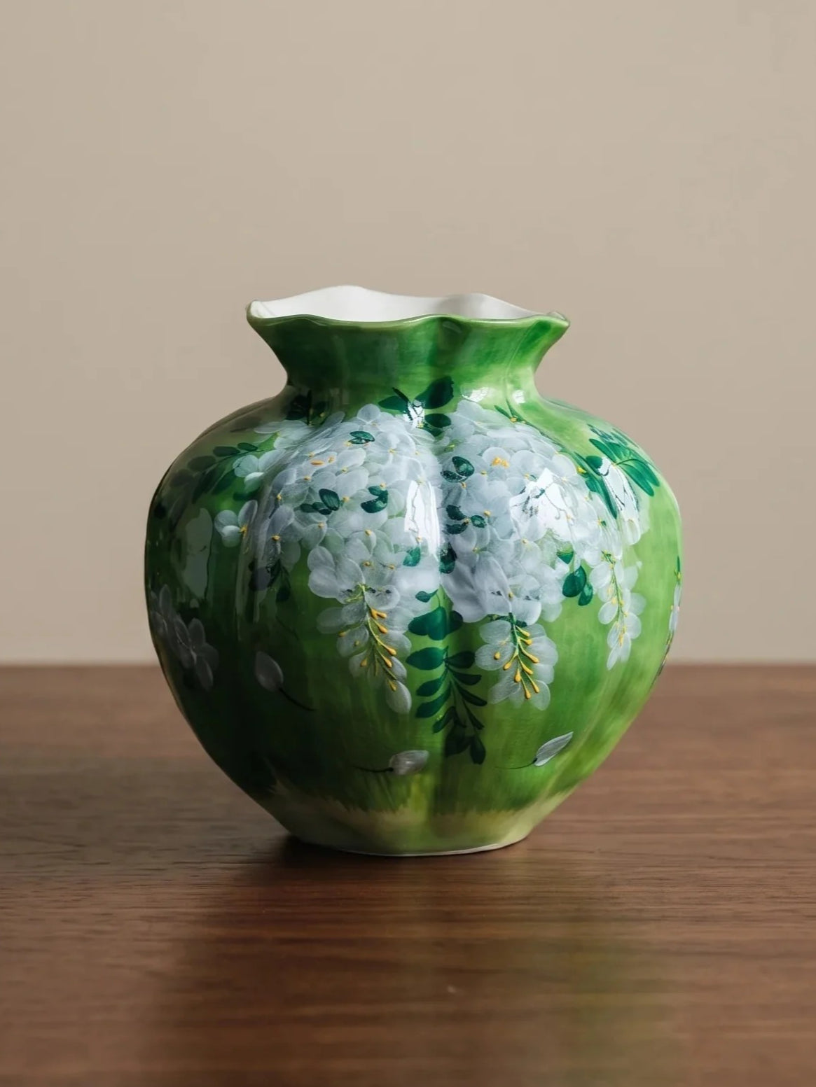 Emerald green fluted ceramic vase