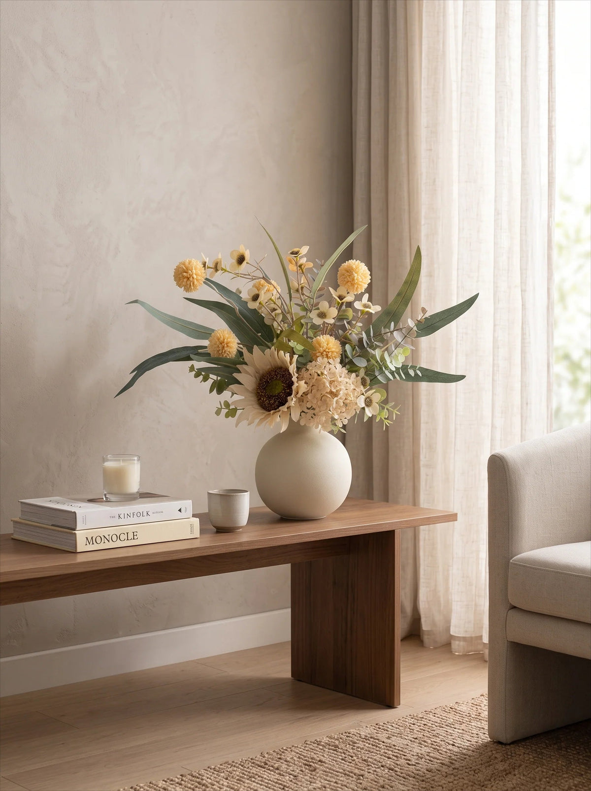 Creamy rustic arrangement close-up