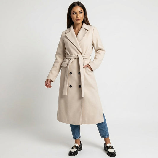 Women's Double-Breasted Belted Wool Blend Overcoat Winter