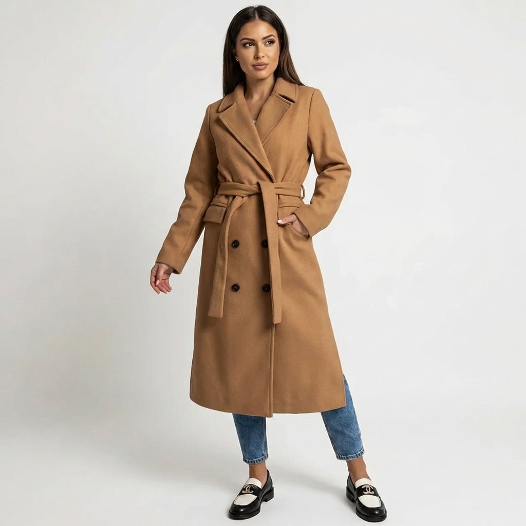Women's Double-Breasted Belted Wool Blend Overcoat Winter