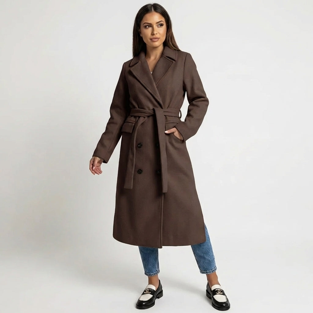 Women's Double-Breasted Belted Wool Blend Overcoat Winter