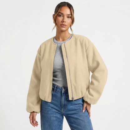 Women's Collarless Cropped Zip-Up Casual Bomber Jacket