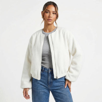Women's Collarless Cropped Zip-Up Casual Bomber Jacket