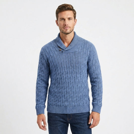 Men's Shawl Collar Cable Knit Button Neck Textured Winter Sweater