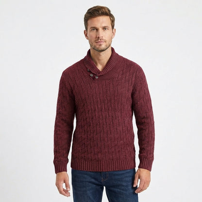 Men's Shawl Collar Cable Knit Button Neck Textured Winter Sweater