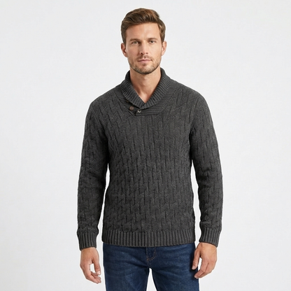 Men's Shawl Collar Cable Knit Button Neck Textured Winter Sweater