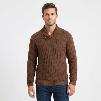 Men's Shawl Collar Cable Knit Button Neck Textured Winter Sweater