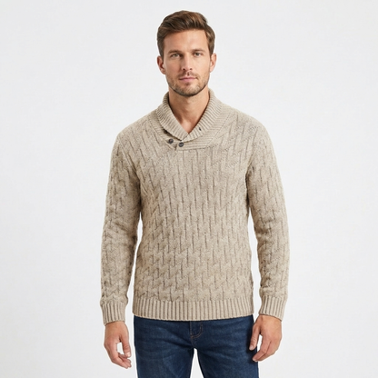 Men's Shawl Collar Cable Knit Button Neck Textured Winter Sweater