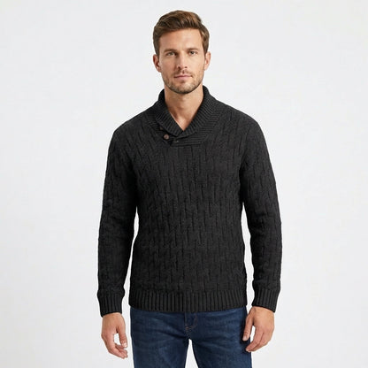 Men's Shawl Collar Cable Knit Button Neck Textured Winter Sweater