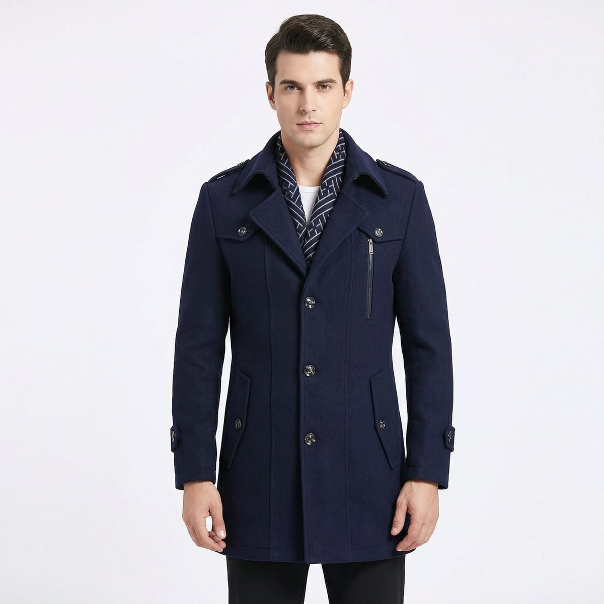 Men's Trench Coat Wool Blend Mid-Length Military Overcoat with Scarf Collar
