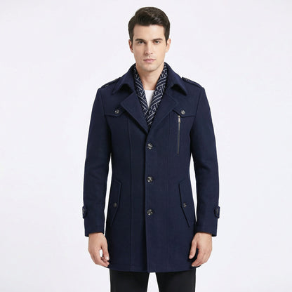 Men's Trench Coat Wool Blend Mid-Length Military Overcoat with Scarf Collar