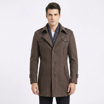Men's Trench Coat Wool Blend Mid-Length Military Overcoat with Scarf Collar