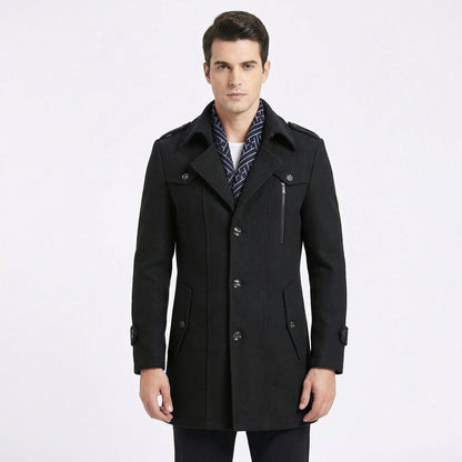 Men's Trench Coat Wool Blend Mid-Length Military Overcoat with Scarf Collar