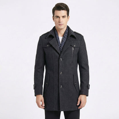 Men's Trench Coat Wool Blend Mid-Length Military Overcoat with Scarf Collar
